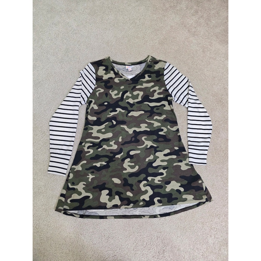 LuLaRoe Elizabeth Tunic Top XS Camo Striped Mixed Print V-Neck Long Sleeve NEW